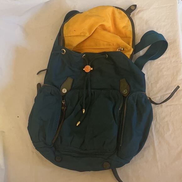 MZ Wallace Teal Nylon Drawstring Backpack Yellow Lining Leather Trim - Picture 3 of 16